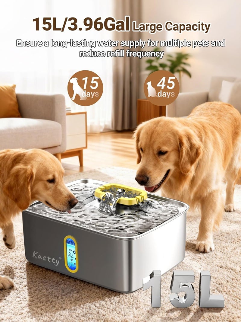 Kastty 4 Gal Dog Water Fountain for Large Dogs, 15L Stainless Steel Pet Water Fountain, QuietTriple Filtration Dog Water Bowl Dispenser with Water Level Window and LED Light Easy Clean(FS78,Yellow) - Image 2